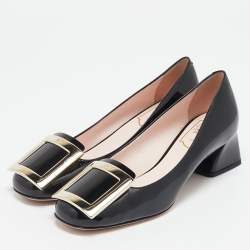 Pre Owned Roger Vivier Black Patent Leather Belle Vivier Block Heel Pumps Size 37