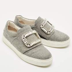 Roger Vivier Grey Wood  Crystal Embellished Slip On Sneakers Size 38