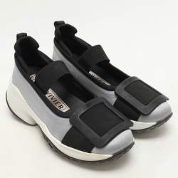 Roger Vivier Blue/Black Satin Embellished Slip On Sneakers Size 37