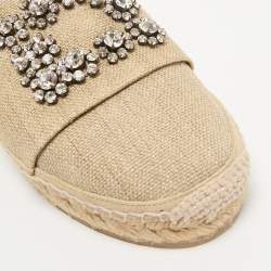 Roger Vivier Beige Canvas Crystal Embellished Espadrille Flats Size 36.5