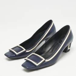 Roger Vivier Navy Blue Leather Buckle Detail Pumps Size 37.5