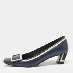 Roger Vivier Navy Blue Leather Buckle Detail Pumps Size 37.5