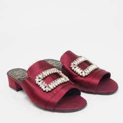 Roger Vivier Burgundy Satin Crystal Embellished Slide Sandals Size 38