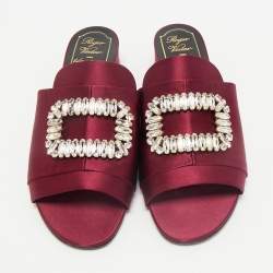 Roger Vivier Burgundy Satin Crystal Embellished Slide Sandals Size 38