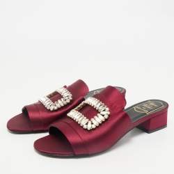 Roger Vivier Burgundy Satin Crystal Embellished Slide Sandals Size 38