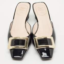 Roger Vivier Black Patent Leather Belle Vivier Mules Size 38