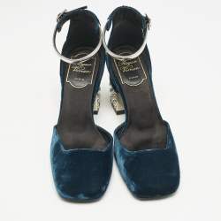 Roger Vivier Dark Blue Velvet Crystal Embellished Block Heel Ankle Strap Sandals Size 36