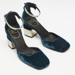 Roger Vivier Dark Blue Velvet Crystal Embellished Block Heel Ankle Strap Sandals Size 36