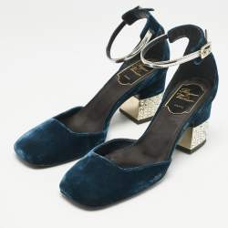 Roger Vivier Dark Blue Velvet Crystal Embellished Block Heel Ankle Strap Sandals Size 36