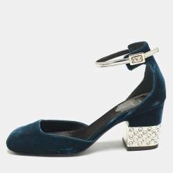 Roger Vivier Dark Blue Velvet Crystal Embellished Block Heel Ankle Strap Sandals Size 36