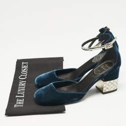 Roger Vivier Dark Blue Velvet Crystal Embellished Block Heel Ankle Strap Sandals Size 36