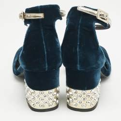 Roger Vivier Dark Blue Velvet Crystal Embellished Block Heel Ankle Strap Sandals Size 36