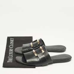 Roger Vivier Black Leather Buckle Flat Slides Size 41