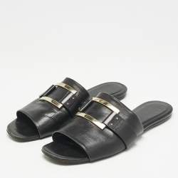 Roger Vivier Black Leather Buckle Flat Slides Size 41