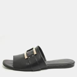 Roger Vivier Black Leather Buckle Flat Slides Size 41