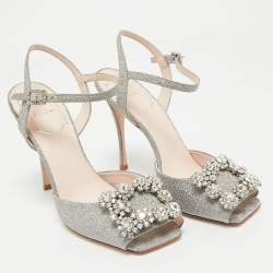 Pre Owned Roger Vivier Silver Glitter Crystal Embellished  Ankle Strap Sandals Size 37