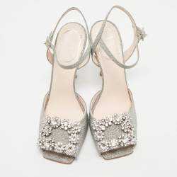Pre Owned Roger Vivier Silver Glitter Crystal Embellished  Ankle Strap Sandals Size 37