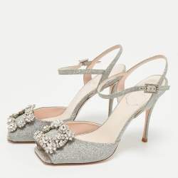 Pre Owned Roger Vivier Silver Glitter Crystal Embellished  Ankle Strap Sandals Size 37
