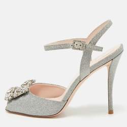 Pre Owned Roger Vivier Silver Glitter Crystal Embellished  Ankle Strap Sandals Size 37