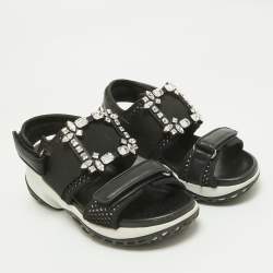 Pre Owned Roger Vivier Black Leather And Mesh Viv Run Strass Buckle Sandals Size 39