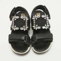 Pre Owned Roger Vivier Black Leather And Mesh Viv Run Strass Buckle Sandals Size 39