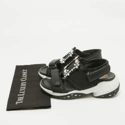 Pre Owned Roger Vivier Black Leather And Mesh Viv Run Strass Buckle Sandals Size 39