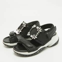 Pre Owned Roger Vivier Black Leather And Mesh Viv Run Strass Buckle Sandals Size 39