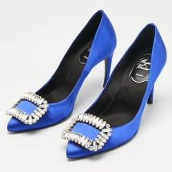 Pre Owned Roger Vivier Blue Satin Trompette Crystals Pumps Size 35.5