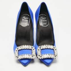 Pre Owned Roger Vivier Blue Satin Trompette Crystals Pumps Size 35.5