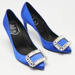 Pre Owned Roger Vivier Blue Satin Trompette Crystals Pumps Size 35.5