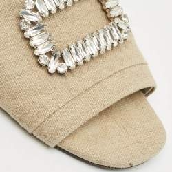 Pre Owned Roger Vivier Cream Canvas Tiffany Buckle Flat Slides Size 41