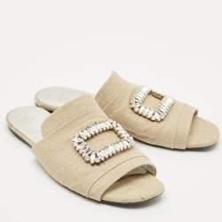 Pre Owned Roger Vivier Cream Canvas Tiffany Buckle Flat Slides Size 41