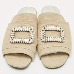 Pre Owned Roger Vivier Cream Canvas Tiffany Buckle Flat Slides Size 41