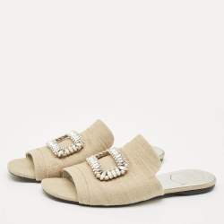 Pre Owned Roger Vivier Cream Canvas Tiffany Buckle Flat Slides Size 41