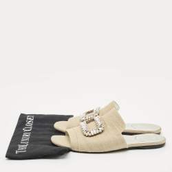 Pre Owned Roger Vivier Cream Canvas Tiffany Buckle Flat Slides Size 41