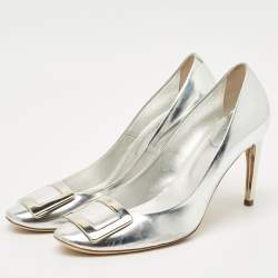 Pre Owned Roger Vivier Silver Leather Trompette Pumps Size 41