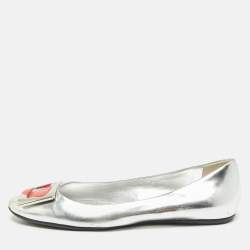 Pre Owned Roger Vivier Silver Leather Gommette Love Ballet Flats Size 41