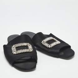 Pre Owned Roger Vivier Black Satin Crystal Embellished Slide Sandals Size 41
