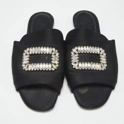 Pre Owned Roger Vivier Black Satin Crystal Embellished Slide Sandals Size 41