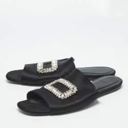 Pre Owned Roger Vivier Black Satin Crystal Embellished Slide Sandals Size 41