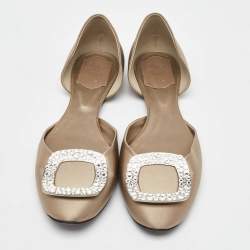 Pre Owned Roger Vivier Grey Satin Crystal Embellished Chips D'orsay Ballet Flats Size 39