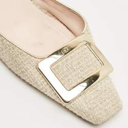 Pre Owned Roger Vivier Cream Tweed Belle Vivier Mules Size 37.5