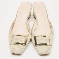 Pre Owned Roger Vivier Cream Tweed Belle Vivier Mules Size 37.5