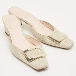 Pre Owned Roger Vivier Cream Tweed Belle Vivier Mules Size 37.5