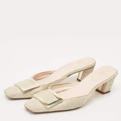 Pre Owned Roger Vivier Cream Tweed Belle Vivier Mules Size 37.5