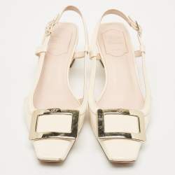 Pre Owned Roger Vivier Cream Patent Leather Trompette Slingback Pumps Size 37.5