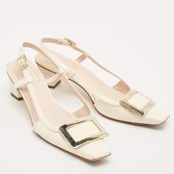 Pre Owned Roger Vivier Cream Patent Leather Trompette Slingback Pumps Size 37.5