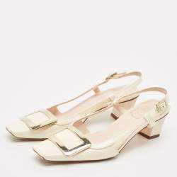 Pre Owned Roger Vivier Cream Patent Leather Trompette Slingback Pumps Size 37.5