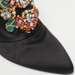 Pre Owned Roger Vivier Black Satin Crystals Embellished Mules Size 39