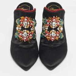 Pre Owned Roger Vivier Black Satin Crystals Embellished Mules Size 39
